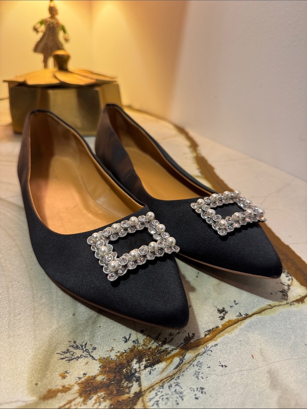 J. Crew Black Satin Pointed Pearl/ Rinestone Buckle Flats Size 9